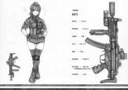 Rule 34 | 1girl, absurdres, ankle boots, ayaya~, boots, buckle, combat boots, crossed legs, fingerless gloves, flashlight, garrison cap, gloves, greyscale, gun, h&amp;k mp5, handgun, hands on own hips, hat, heckler &amp; koch, highres, holster, imizu (nitro unknown), knee pads, load bearing vest, looking at viewer, military operator, monochrome, pistol, scan, scope, shameimaru aya, short hair, short shorts, shorts, shoulder holster, sleeves rolled up, smile, snap-fit buckle, solo, standing, submachine gun, suppressor, tactical light, thigh gap, thighhighs, touhou, translation request, vertical forward grip, weapon