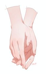 Rule 34 | cropped arms, fingernails, hand focus, head out of frame, highres, holding hands, interlocked fingers, original, ryusei hashida, signature, simple background, white background