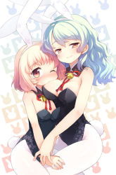 Rule 34 | 2girls, animal ears, bad id, bad pixiv id, bell, biting, blue hair, blush, breasts, cleavage, couple, detached collar, fake animal ears, flat chest, floral print, jingle bell, jpeg artifacts, kito (sorahate), large breasts, leotard, multiple girls, one eye closed, original, pantyhose, pink hair, playboy bunny, rabbit ears, rabbit tail, red eyes, seductive smile, smile, smirk, tail, white pantyhose, wince, wink, yuri