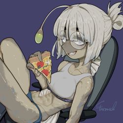 Rule 34 | 1girl, anglerfish, anglerfish girl, antennae, bare shoulders, blue panties, bright pupils, chair, colored skin, eyes visible through hair, fins, fish, food, from side, glasses, grey eyes, grey hair, grey skin, hair bun, looking at viewer, looking to the side, multicolored skin, on chair, original, panties, pizza, pizza slice, purple background, reclining, round eyewear, sharp teeth, signature, simple background, single hair bun, sitting, smile, solo, sparrowl, sports bra, teeth, two-tone skin, underwear, underwear only, white pupils