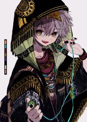 Rule 34 | 1girl, absurdres, androgynous, azzz (7334080), backpack, bag, black nails, bracelet, collarbone, color guide, earbuds, earphones, foreshortening, grey background, hairband, highres, hood, hood up, hooded jacket, jacket, jewelry, looking at viewer, nail polish, necklace, open clothes, open jacket, open mouth, original, purple hair, short hair, simple background, single earphone removed, smile, solo, upper body, yellow eyes