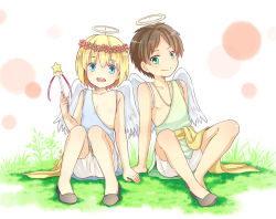 Rule 34 | 10s, 2013, 2boys, angel, armin arlert, bird wings, blonde hair, blue eyes, boxers, brown hair, child, dated, eren yeager, grass, green eyes, halo, highres, male focus, male underwear, moxue qianxi, multiple boys, open mouth, outdoors, shingeki no kyojin, shoes, short hair, shorts, sitting, smile, toga, underwear, wand, wings, wreath