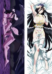 Rule 34 | 1girl, albedo (overlord), arms up, ass, bed sheet, black hair, black wings, blush, breasts, completely nude, covering privates, covering breasts, dakimakura (medium), dress, feet, female focus, full body, gloves, horns, large breasts, long hair, no shoes, nude, official art, open mouth, overlord (maruyama), thighs, topless, white dress, white gloves, wings, yellow eyes