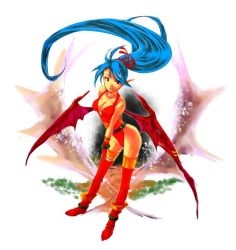 Rule 34 | 1girl, blue eyes, blue hair, boots, breasts, breath of fire, breath of fire ii, dragon girl, dragon wings, long hair, looking at viewer, monster girl, patty the phantom thief, pointy ears, ponytail, simple background, solo, thighhighs, wings