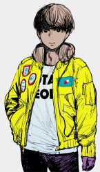 Rule 34 | 1boy, clothes writing, elf-san wa yaserarenai., grey background, hand in pocket, headphones, highres, jacket, looking at viewer, male focus, naoe (elf-san wa yaserarenai.), short hair, simple background, sketch, smile, solo, synecdoche, white background, yellow jacket