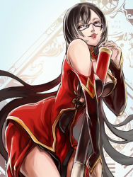 Rule 34 | 1girl, arc system works, bare shoulders, bent over, between breasts, black hair, blazblue, blazblue: calamity trigger, bra, breasts, china dress, chinese clothes, cleavage, cleavage cutout, clothing cutout, detached sleeves, dress, glasses, large breasts, lingerie, lipstick, litchi faye ling, long hair, makeup, ponytail, red eyes, side slit, smile, solo, soojie roh, staff, underwear, very long hair