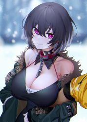 Rule 34 | 1girl, bare shoulders, black hair, black tank top, breasts, chain, choker, cleavage, closed mouth, crossed bangs, detached collar, ear piercing, fur collar, highres, holding another&#039;s arm, jacket, large breasts, looking at viewer, mole, mole under eye, off shoulder, original, outdoors, piercing, red eyes, short hair, smile, tank top, toothpick, xiujia yihuizi