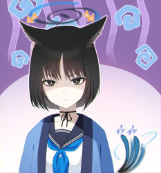 Rule 34 | 1girl, animal ear fluff, animal ears, black eyes, black hair, black sailor collar, blue archive, blue halo, blue neckerchief, cat ears, cat tail, closed mouth, eko, halo, haori, highres, japanese clothes, kikyou (blue archive), looking at viewer, multiple tails, neckerchief, sailor collar, shaded face, short hair, solo, tail, two tails, upper body
