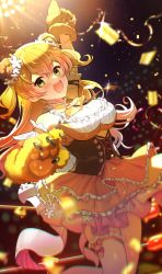Rule 34 | 1girl, animal ears, animal hands, arm strap, bear ears, bear paws, blonde hair, breasts, cleavage, cleavage cutout, clothing cutout, corset, flower, gloves, green eyes, hair flower, hair ornament, highres, hololive, looking at viewer, medium breasts, momosuzu nene, open hand, open mouth, orange skirt, paw gloves, pointing, pointing up, single thighhigh, skirt, solo, syandega, thighhighs, two side up, virtual youtuber, white flower