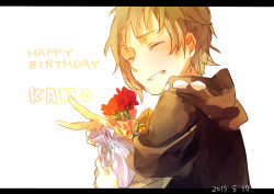 Rule 34 | 1boy, bag, black hoodie, blonde hair, brown shirt, character name, closed eyes, commentary request, dated, english text, facing viewer, flower, from side, happy birthday, holding, hood, hood down, hoodie, kagerou project, kano shuuya, layered sleeves, letterboxed, light brown hair, male focus, mekakucity actors, muu02020, parted lips, partial commentary, pink bag, print hoodie, red flower, shirt, short hair, short sleeves, simple background, smile, solo, tears, teeth, upper body, v, white background, white bag