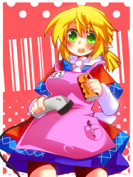 Rule 34 | 1girl, alternate hairstyle, apron, barcode scanner, blonde hair, can, clerk, dress, employee uniform, female focus, gin (shioyude), green eyes, highres, mizuhashi parsee, name tag, open mouth, pen, pointy ears, ponytail, solo, touhou, uniform