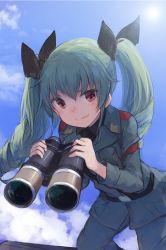 Rule 34 | 10s, 1girl, anchovy (girls und panzer), binoculars, drill hair, girls und panzer, green hair, hair ribbon, long hair, looking at viewer, makihitsuji, military, military uniform, ribbon, school uniform, smile, solo, twin drills, twintails, uniform