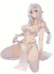 Rule 34 | 1girl, abs, blue eyes, blush, bow (bhp), braid, breasts, closed mouth, elf, gold, hair between eyes, head tilt, jewelry, long hair, looking at viewer, medium breasts, navel, necklace, original, pelvic curtain, pointy ears, simple background, solo, squatting, thighhighs, toned, white background, white hair, white thighhighs, wristband