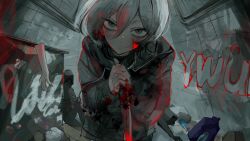 Rule 34 | 1girl, black jacket, blood, blood on clothes, blood on face, blood on hands, bloody knife, commission, corpse, dismemberment, dumpster, graffiti, grey eyes, hair between eyes, highres, holding, holding knife, jacket, knife, looking at viewer, original, own hands together, rin (rin7kan7), skeb commission, standing, trash bag, white hair, yandere