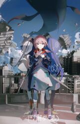 Rule 34 | 3girls, blue eyes, blue jacket, blue sky, building, capelet, commentary request, destruction, dress, fish, floating, floating object, flying fish, full body, hand on own chest, highres, hood, hood down, hood up, hooded capelet, hooded jacket, jacket, kaf (kamitsubaki studio), kamitsubaki studio, karasuro, laplace (kamitsubaki studio), long hair, looking at viewer, multicolored clothes, multicolored eyes, multicolored legwear, multiple girls, multiple persona, outdoors, outstretched arm, pink hair, reaching, reaching towards viewer, sky, smile, straight-on, twintails, virtual youtuber, white dress, yellow pupils
