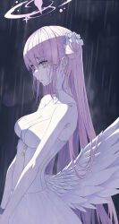 Rule 34 | 1girl, absurdres, angel wings, blue archive, breasts, crying, crying with eyes open, dress, feathered wings, flower, from side, hair between eyes, hair bun, hair flower, hair ornament, halo, highres, long hair, medium breasts, mika (blue archive), open mouth, pink hair, pink halo, purple flower, single side bun, sleeveless, sleeveless dress, solo, tears, upper body, wendy (ghks0660), white dress, white wings, wings, yellow eyes