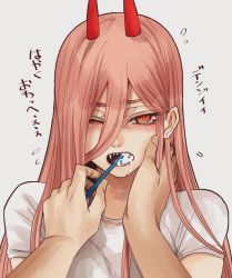 Rule 34 | + +, 1girl, blush, breasts, brushing teeth, chainsaw man, collarbone, commentary request, cross-shaped pupils, crosshair pupils, demon girl, demon horns, fangs, hair between eyes, half-closed eyes, hand on another&#039;s face, holding, holding toothbrush, horns, hoshi san 3, long hair, looking at viewer, looking to the side, open mouth, pink hair, power (chainsaw man), red horns, sharp teeth, shirt, short sleeves, sidelocks, simple background, solo, symbol-shaped pupils, teeth, toothbrush, toothbrush in mouth, very long hair, white background, white shirt