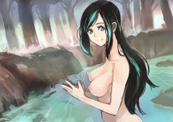 Rule 34 | 1girl, absurdres, black hair, blue eyes, breasts, forest, highres, long hair, multicolored hair, nature, nipples, nude, okuto, original, outdoors, river, solo, two-tone hair