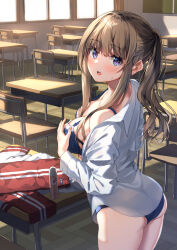 Rule 34 | 1girl, :o, arched back, ass, black bra, black panties, blush, bra, breasts, brown hair, chair, chalkboard, collared shirt, commentary request, desk, gym uniform, highres, long hair, looking at viewer, medium breasts, original, panties, ponytail, purple eyes, red track suit, school chair, school desk, shirt, sidelocks, solo, standing, track suit, unasaka ryou, underwear, white shirt, window, wooden floor
