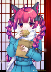 Rule 34 | 1girl, :&gt;, absurdres, alternate costume, animal ears, antenna hair, aqua coat, artist name, bag, black ribbon, blunt bangs, blurry, blurry background, braid, breasts, buttons, cat ears, coat, fang, fang out, fish-flavored toast (genshin impact), food, genshin impact, hair ribbon, highres, holding, holding bag, holding food, kaenbyou rin, light blush, long hair, looking at viewer, medium breasts, nail polish, night, norimakiomoti2, outdoors, plaid, plaid scarf, red eyes, red hair, red nails, ribbon, scarf, slit pupils, solo, touhou, tress ribbon, twin braids, twintails, upper body, white scarf, winter clothes