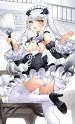 Rule 34 | 1girl, alternate costume, ass, bare shoulders, black dress, black footwear, blush, bow, bowtie, breasts, breasts out, brown eyes, casul, chair, detached sleeves, dress, duster, enmaided, melusine (fate), fate/grand order, fate (series), feather duster, flower, forked eyebrows, frills, hair flower, hair ornament, high heels, highres, long hair, looking at viewer, looking back, maid, maid headdress, nipples, open mouth, panties, rose, sidelocks, small breasts, solo, thighhighs, thighs, underbust, underwear, white hair, white panties, white thighhighs