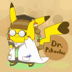 Rule 34 | 1girl, :3, artist request, bespectacled, black eyes, book, brown background, brown hair, coke-bottle glasses, cosplay pikachu, creatures (company), eyelashes, game freak, gen 1 pokemon, glasses, hat, lab coat, long hair, nintendo, no humans, pikachu, pikachu ph. d, pokemon, pokemon (creature), shirt, shoes, smile, solo, standing, tail, twintails, wig
