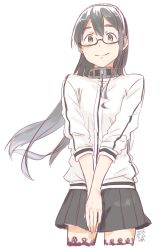 Rule 34 | 1girl, black hair, blush, cosplay, dated, glasses, green eyes, hairband, hayasui (kancolle), hayasui (kancolle) (cosplay), jacket, kantai collection, kawashina (momen silicon), long hair, miniskirt, ooyodo (kancolle), own hands together, pleated skirt, simple background, skirt, smile, solo, thighhighs, track jacket, white background, zettai ryouiki