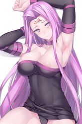 Rule 34 | 1girl, absurdres, arm behind head, arm up, armpits, bare shoulders, breasts, collar, facial mark, fate/grand order, fate/stay night, fate (series), forehead mark, highres, large breasts, long hair, looking at viewer, medusa (fate), medusa (rider) (fate), nipples, purple hair, ruton-niki, sideboob, sleeveless, solo, square pupils, very long hair