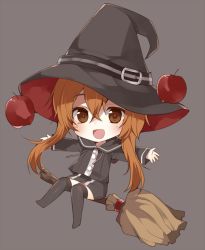 Rule 34 | 1girl, :d, angela (arisaka ako), apple, borrowed character, broom, broom riding, brown eyes, brown hair, chibi, food, fruit, hat, long hair, md5 mismatch, mishima kurone, open mouth, original, smile, solo, thighhighs, witch hat