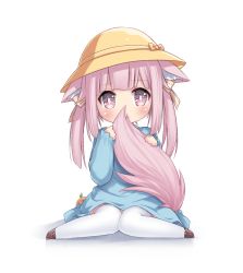 Rule 34 | 1girl, animal ear fluff, animal ears, blue dress, brown footwear, cat ears, cat tail, covering own mouth, dress, hat, highres, holding, holding with tail, iyose momiji, kmtopia, knees together feet apart, pink eyes, pink hair, prehensile tail, school hat, shoes, simple background, sitting, solo, tail, tamase tama, thighhighs, twintails, virtual youtuber, white background, white thighhighs, yellow hat
