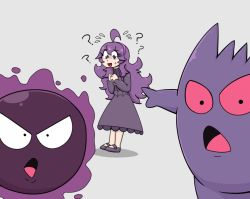 Rule 34 | 1girl, ?, ahoge, commentary, creatures (company), dress, flying sweatdrops, game freak, gastly, gen 1 pokemon, gengar, grey background, hair between eyes, hairband, hands up, hex maniac (pokemon), long hair, long sleeves, meme, nintendo, open mouth, pointing, pokemon, pokemon (creature), pokemon xy, purple hair, purple hairband, putri (somedude1727), shoes, simple background, standing, sweatdrop, symbol-only commentary, tongue, two soyjaks pointing (meme)