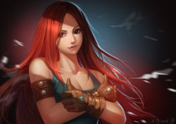Rule 34 | 10s, 1girl, 2015, armband, breasts, brown gloves, brown hair, cleavage, collarbone, dated, gloves, green shirt, highres, long hair, original, parted bangs, realistic, red hair, shirt, sixtin, solo, tank top, thumbs up, upper body