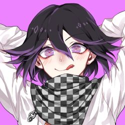 Rule 34 | 1boy, arms behind head, arms up, black hair, checkered clothes, checkered scarf, commentary request, danganronpa (series), danganronpa v3: killing harmony, hair between eyes, highres, jacket, long sleeves, looking at viewer, male focus, nanin, oma kokichi, pink background, pink eyes, purple eyes, purple hair, red pupils, scarf, short hair, smile, solo, starry sky print, straitjacket, white jacket