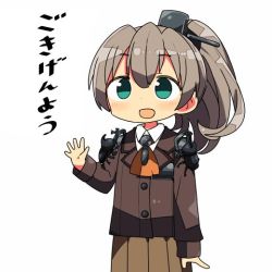 Rule 34 | 10s, 1girl, aqua eyes, ascot, brown hair, collared shirt, commentary request, headgear, jpeg artifacts, kanikama, kantai collection, kumano (kancolle), long hair, open mouth, ponytail, school uniform, serafuku, shirt, simple background, solo, translation request, white background