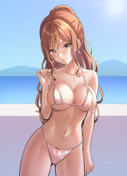 Rule 34 | 1girl, :3, absurdres, arm at side, bang dream!, bare arms, bare shoulders, bikini, blue sky, blush, breasts, brown eyes, brown hair, cleavage, closed mouth, collarbone, commentary request, cowboy shot, day, earrings, gluteal fold, hair between eyes, half updo, halterneck, hand up, highres, imai lisa, jewelry, large breasts, lifting own clothes, long hair, looking at viewer, micro bikini, mountainous horizon, ocean, outdoors, ptal, rabbit earrings, sidelocks, sky, smile, solo, standing, strap lift, string bikini, sun, swimsuit, wavy hair, white bikini