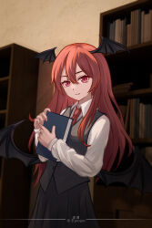 Rule 34 | 1girl, absurdres, black vest, book, bookshelf, chunjiu, closed mouth, collared shirt, commentary, demon wings, head wings, highres, holding, holding book, koakuma, light smile, long hair, long sleeves, looking at viewer, low wings, necktie, red eyes, red hair, red necktie, shirt, skirt, skirt set, solo, touhou, translation request, vest, white shirt, wings