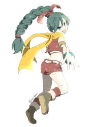 Rule 34 | 1girl, belt, blue eyes, blue hair, bracelet, braid, braided ponytail, dragon quest, dragon quest xi, full body, hair ribbon, jewelry, long hair, looking at viewer, maya (dq11), open mouth, red vest, ribbon, scarf, shorts, simple background, single braid, smile, solo, tomii rin, vest, white background