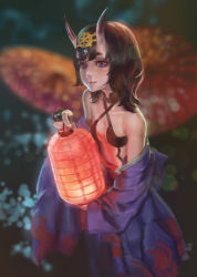 Rule 34 | 1girl, absurdres, breasts, brown hair, der graf, fate (series), fingerless gloves, gloves, highres, holding, holding lantern, horns, lantern, looking at viewer, paper lantern, purple eyes, shuten douji (fate), small breasts, solo, standing