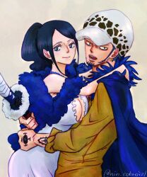 Rule 34 | 1boy, 1girl, black hair, blue eyes, breasts, cleavage, closed mouth, coat, dress, facial hair, fur coat, fur hat, hat, hetero, holding, holding sword, holding weapon, hug, large breasts, long hair, looking at viewer, nico robin, one piece, one piece film: gold, shirt, smile, sword, tattoo, trafalgar law, user fpjj2272, weapon, yellow shirt