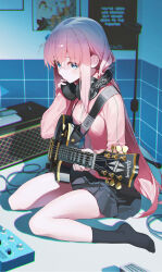 Rule 34 | 1girl, absurdres, black skirt, black socks, blue eyes, bocchi the rock!, breasts, closed mouth, commentary, dutch angle, electric guitar, gibson les paul, gotoh hitori, guitar, hair between eyes, hair over eyes, headphones, headphones around neck, highres, holding, holding headphones, holding instrument, indoors, instrument, jacket, light blush, long hair, long sleeves, looking at viewer, no shoes, pink hair, pink jacket, pleated skirt, pro-p, sitting, skirt, small breasts, socks, solo, standing, track jacket, wariza