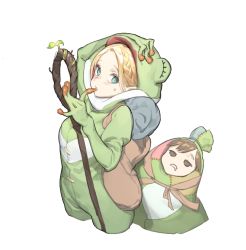 Rule 34 | 2girls, alternate costume, animal costume, bag, bedroll, biting, blonde hair, blush, braid, brown eyes, brown hair, chilchuck tims, cosplay, costume switch, dungeon meshi, frog costume, green eyes, hand on head, holding, holding staff, kmpym, marcille donato, multiple girls, parted lips, pointy ears, saliva, simple background, staff, sweat, white background
