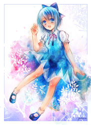 Rule 34 | 1girl, :d, blue eyes, blue hair, bow, cirno, dress, female focus, floating, full body, gradient background, hair bow, knees, leaf, legs, mary janes, matching hair/eyes, no nose, open mouth, pony (artist), shoes, short hair, short sleeves, signature, smile, socks, solo, touhou, white background