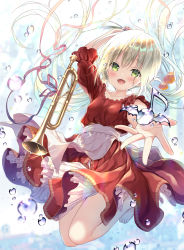 Rule 34 | 1girl, :d, air bubble, apron, arm up, barefoot, blush, bubble, commentary request, dress, eighth note, floating hair, flower, full body, futaba miwa, green eyes, head tilt, instrument, light brown hair, long hair, musical note, open mouth, orange flower, original, outstretched arm, outstretched hand, puffy short sleeves, puffy sleeves, red dress, red ribbon, ribbon, short sleeves, smile, solo, toenails, trumpet, twintails, very long hair, waist apron, white apron