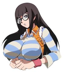 Rule 34 | 1girl, alternate breast size, armband, black hair, breasts, carly nagisa, glasses, hime cut, huge breasts, impossible clothes, impossible shirt, jaga note, shirt, solo, sweater, vest, yu-gi-oh!, yu-gi-oh! 5d&#039;s