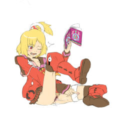 Rule 34 | 1girl, ^^^, blonde hair, blush, book, boots, censored, character request, clothed masturbation, emilia percival, female masturbation, female pubic hair, from side, full body, hair ornament, holding, holding book, leg lift, leg up, long sleeves, looking down, masturbation, neckerchief, neon trim, one eye closed, one side up, open book, phantasy star, pleated skirt, pubic hair, pussy, pussy juice, pussy juice puddle, pussy juice trail, red eyes, school uniform, sega, serafuku, short hair, simple background, sitting, skirt, sleeves past wrists, solo, thigh strap, thighhighs, toporo, uncensored, white background, wince