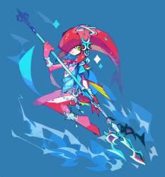 Rule 34 | 1girl, amakusa (hidorozoa), anklet, barefoot, bracelet, closed mouth, colored skin, green eyes, hand up, holding, holding weapon, jewelry, legs together, looking at viewer, mipha, nintendo, red skin, smile, solo, tentacle hair, the legend of zelda, the legend of zelda: breath of the wild, weapon, zora