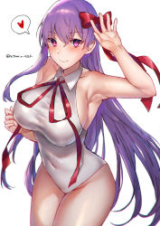Rule 34 | 1girl, absurdres, armpits, bare shoulders, bb (fate), bb (fate) (all), bb (swimsuit mooncancer) (fate), bb (swimsuit mooncancer) (third ascension) (fate), blush, breasts, covered navel, fate/grand order, fate (series), gloves, hair ribbon, highleg, highleg leotard, highres, hitomin (ksws7544), large breasts, leotard, long hair, looking at viewer, neck ribbon, purple eyes, purple hair, red ribbon, ribbon, sideboob, simple background, smile, solo, thighs, very long hair, white background, white gloves, white leotard