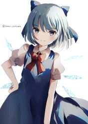 Rule 34 | 1girl, bad id, bad pixiv id, blue bow, blue dress, blue eyes, blue hair, bow, bowtie, cirno, closed mouth, collared shirt, dress, fairy, hair bow, hand on own hip, highres, ice, ice wings, natsume suzuri, pinafore dress, red bow, red bowtie, shirt, short hair, short sleeves, simple background, sleeveless dress, smile, solo, touhou, twitter username, white background, white shirt, wings