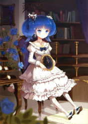 Rule 34 | 1girl, absurdres, anmi, blue eyes, blue flower, blue hair, blue rose, blue upholstery, bookshelf, chair, clock, dress, earrings, floral print, flower, frills, glasses, hair rings, highres, jewelry, matching hair/eyes, necklace, outstretched leg, pantyhose, patterned legwear, print pantyhose, rose, shoes, sitting, sitting on object, solo, twintails, white dress, white footwear, white pantyhose