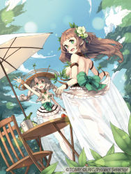 Rule 34 | :d, apple, armlet, bare shoulders, blue sky, blush, bottle, bow, bracelet, breasts, chair, cloud, day, dutch angle, flower, food, fruit, green bow, green eyes, hair flower, hair ornament, hat, holding, holding clothes, holding skirt, jewelry, keypot, large breasts, long hair, looking at viewer, neck ring, no panties, official art, open mouth, outdoors, plant, see-through, see-through skirt, sidelocks, skirt, sky, small breasts, smile, sun hat, table, topless, tree, twintails, umbrella, waving, white skirt, wixoss, yellow pupils